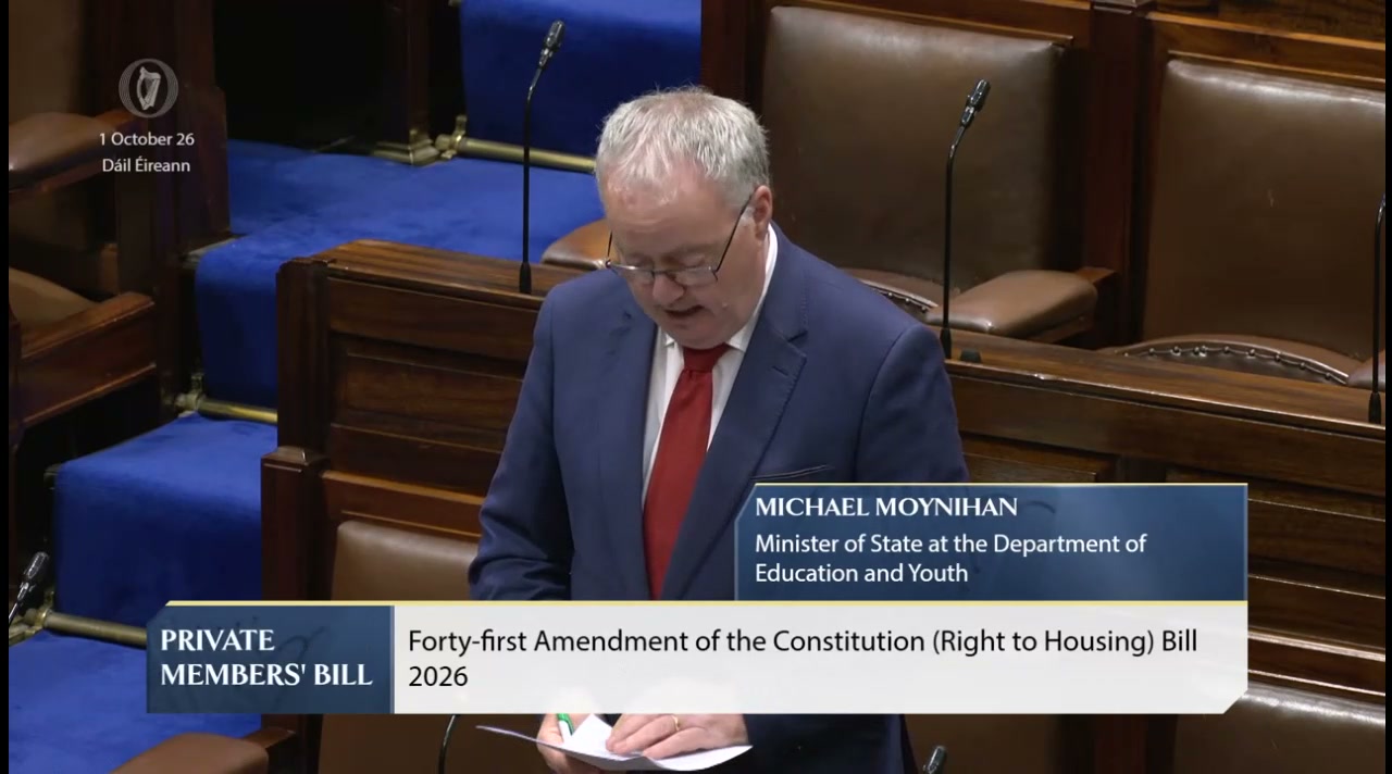 Michael Moynihan — still from statement: Michael Moynihan: Housing referendum would distract from delivery (01.10.2026)