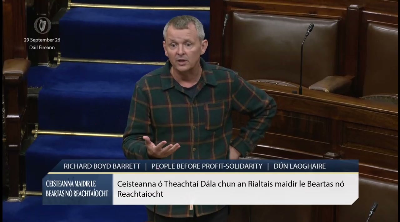 Richard Boyd Barrett — still from remarks: Richard Boyd Barrett Challenges Taoiseach on Public Service Pay (29.09.2026)